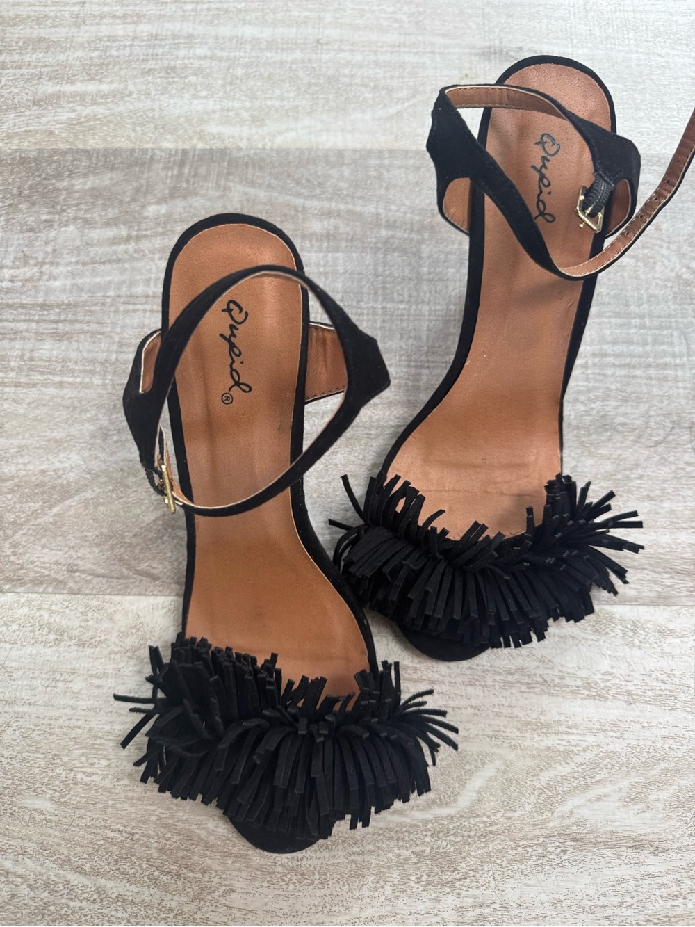 Qupid Black Fringe Open-Toe Ankle-Strap Heels